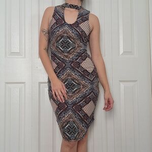 Rue21 Multi-Pattern Keyhole Midi Dress in Black and Brown Tones
